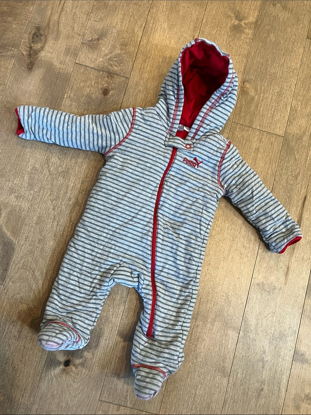 Puma Gray & Red Striped Hooded Baby Snowsuit